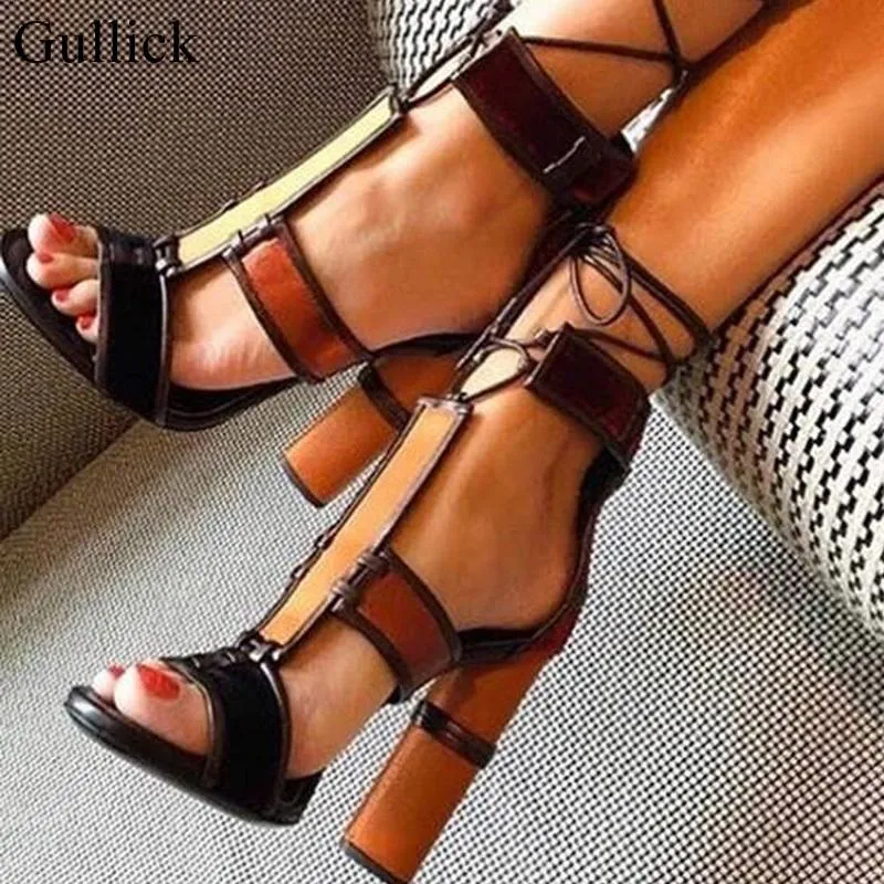 Ethnic Retro Lady Jeans Sandals Patchwork Chunky Heels High Open Toe Ankle Wrap Tie Up Woman Pumps Shoes