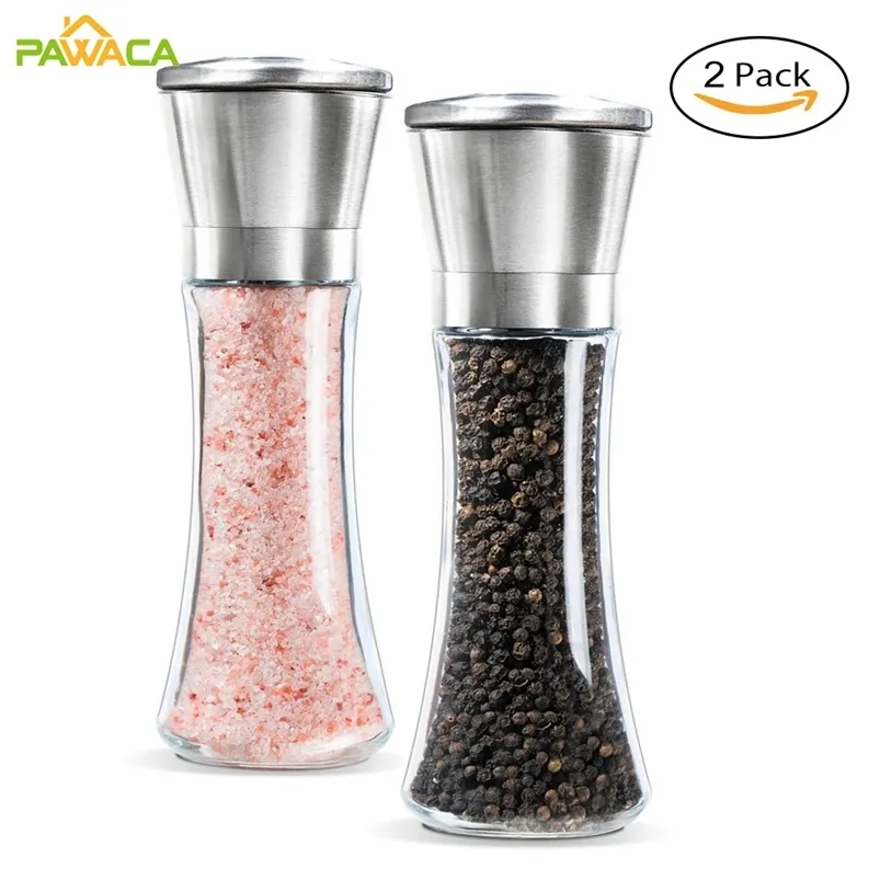 Premium Stainless Steel Salt and Pepper Grinder Shakers Glass Body Spice And Mill with Adjustable Ceramic Rotor 210611