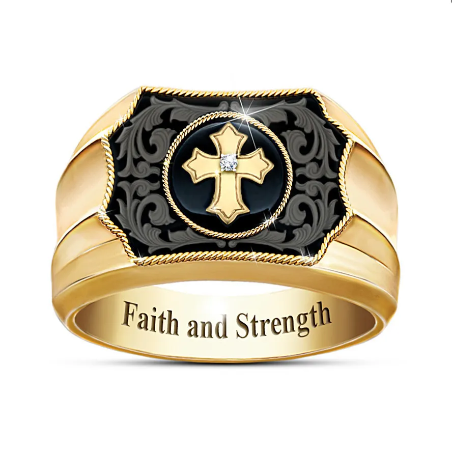 Faith and Strength Punk Cross Rings For Men Gold Anello in lega esagerata Hollow Cross Hip Hop Gioielli da uomo unisex