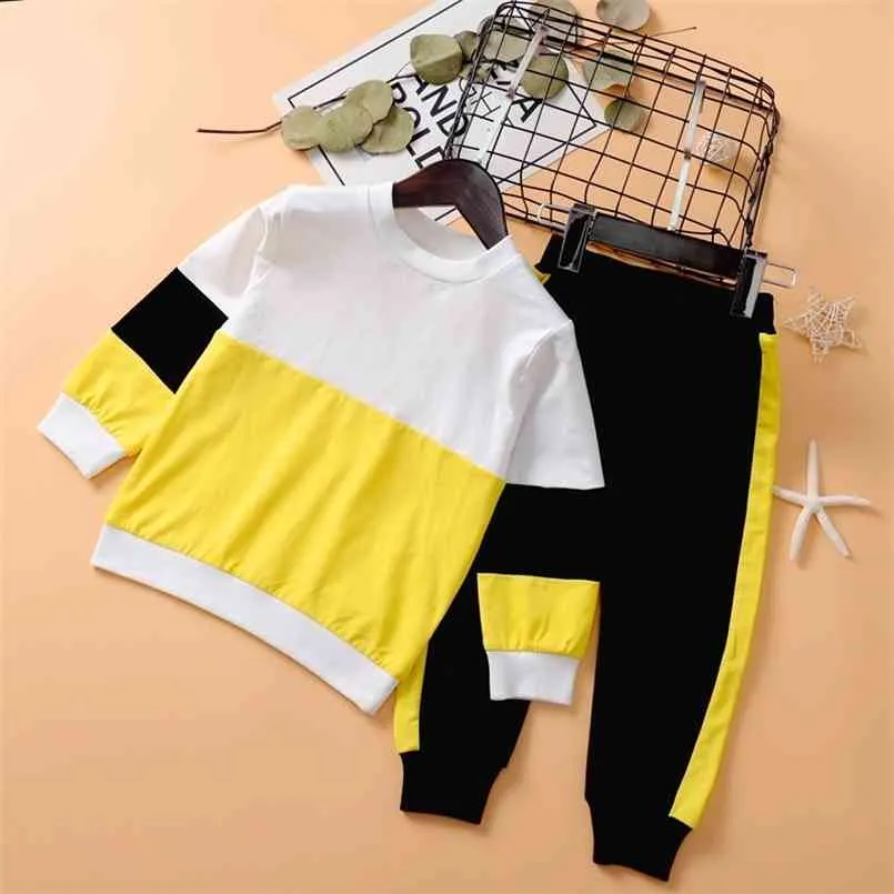 Jesień 2-częściowy Baby / Toddler Boy Colorblock Splice Sweter z długim rękawem i spodnie w paski Ustawia ubrania 210528