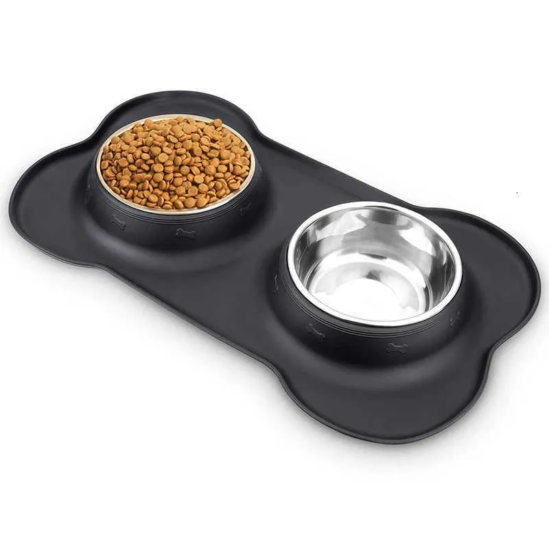 Antislip dubbel hundskål med silikonmatta Slitstark rostfritt stål vattenmatare Pet Feeding Dricksskålar för hundar Katter 210615