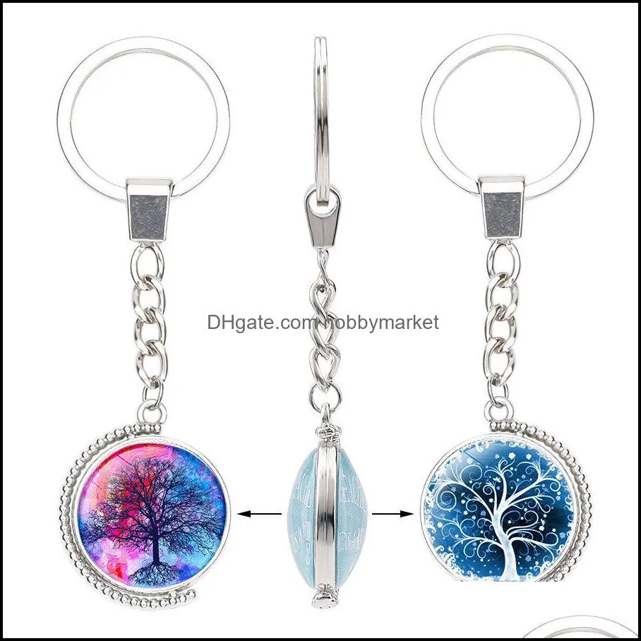 Tree of Life Double sided Keychains Rotable Glass Cabochon Time Gemstone Key chain Silver metal Key Rings Jewelry accessories in Bulk