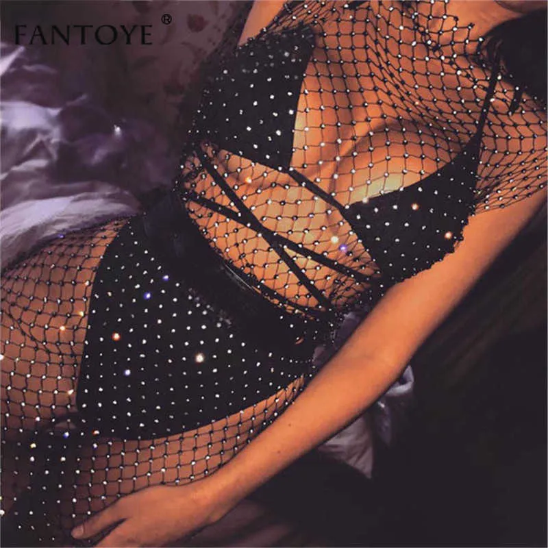 Fantoye Sexy Crystal Diamond Drwomen Hollow Rhinestone Bodycon Drsummer Fishnet 메쉬 해변 착용 2021 파티 Vestidos X0529