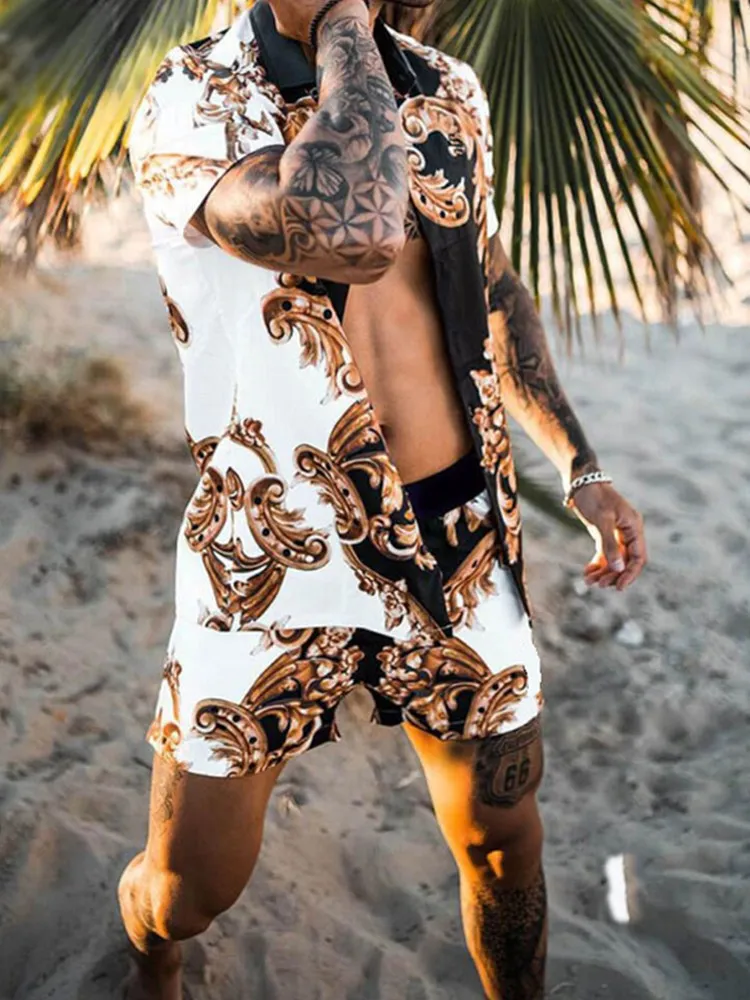 男性シャツハワイアンセット印刷夏半袖ボタンシャツビーチショーツストリートウェアカジュアルメンズスーツ2個
