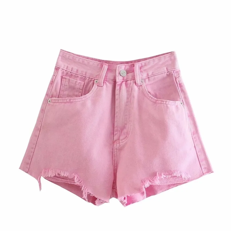 TRAF femmes mode couleur unie Denim Shorts rétro taille haute bouton patte court jean Streetwear 210719