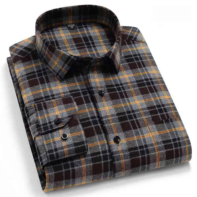 Coton pur coton classique hommes casual casual shirt chaud chemises chaudes manches en tissu brossé doux confortable ajustement régulier mâle 210626