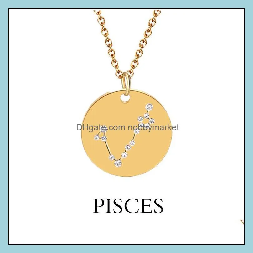 New 12 Zodiac Sign Necklaces Stainless Steel Coin crystal diamond constellation charm Gold Silver chain For women Fashion Jewelry
