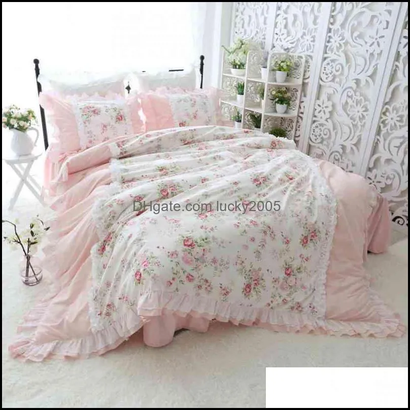 Dostawy Tekstylia Strona główna Garden100% Bawełna Kwiat Kwiat Potargany Patchwork Duvet Er Bedskirt Księżniczka Styl Królowa King Twin Rozmiar Girls Beddi