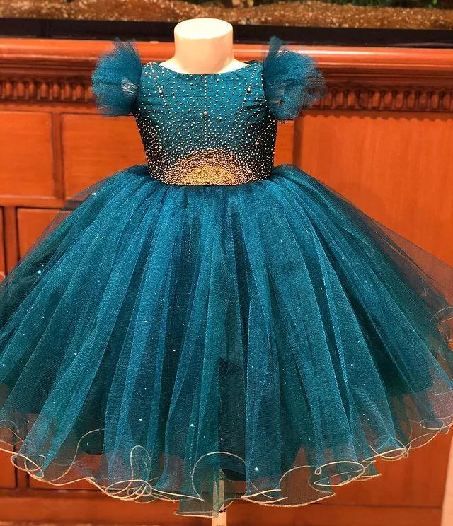 2021 Blu Navy In Rilievo Abito di Sfera Tutu Abiti per le Ragazze di Fiore di Modo di Tulle Elegante Lilttle Bambini Compleanno Pageant Abiti da Sposa