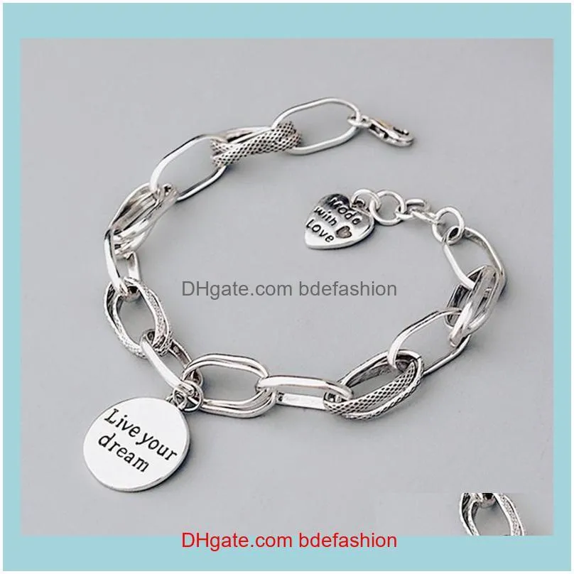 Charm Bracelets Sterling Korean Love Heart Pendant Bracelet Retro Thick Chain Round Letter Female Jewelry