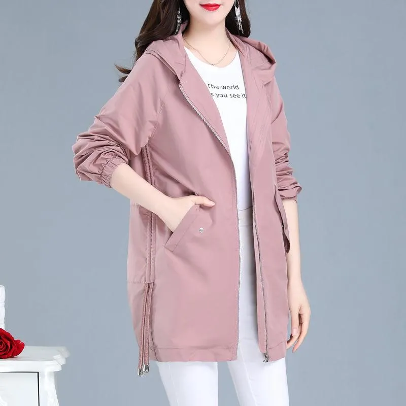 Kvinnors dike rockar dubbelskikts huva jackor 2021Autumn kausal famale Long Windbreaker Women Basic Pink Coat and Foding Plus Size 4XL 23