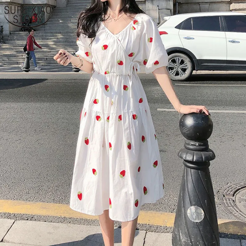 Korean Lantern Short-Sleeve Summer Dress Cotton Vintage Plus Size Print for Women V Neck Midi Vestidos 9372 210508