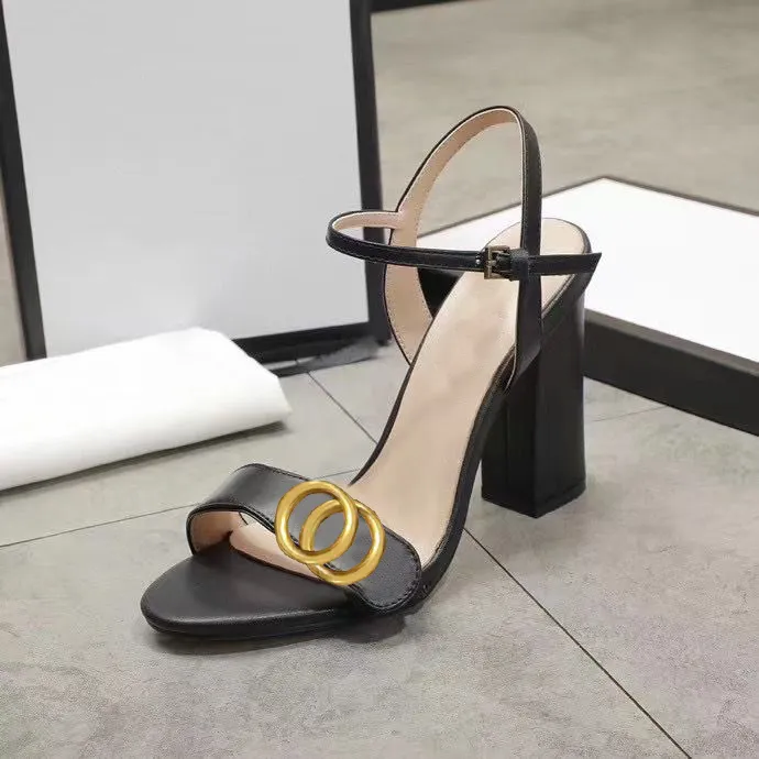 Designer Leather High Heeled Chunky Heel Sandals With Metal Belt