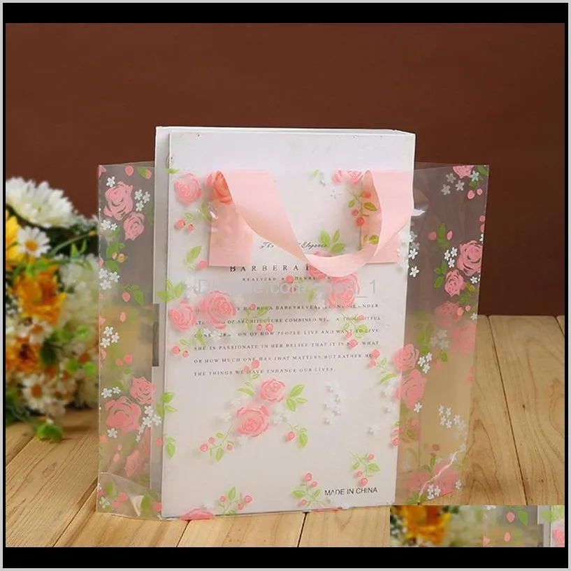 clear plastic shopping carrier bags with handle gift boutique packaging floral rose printed large cute 5 sizes lz1177