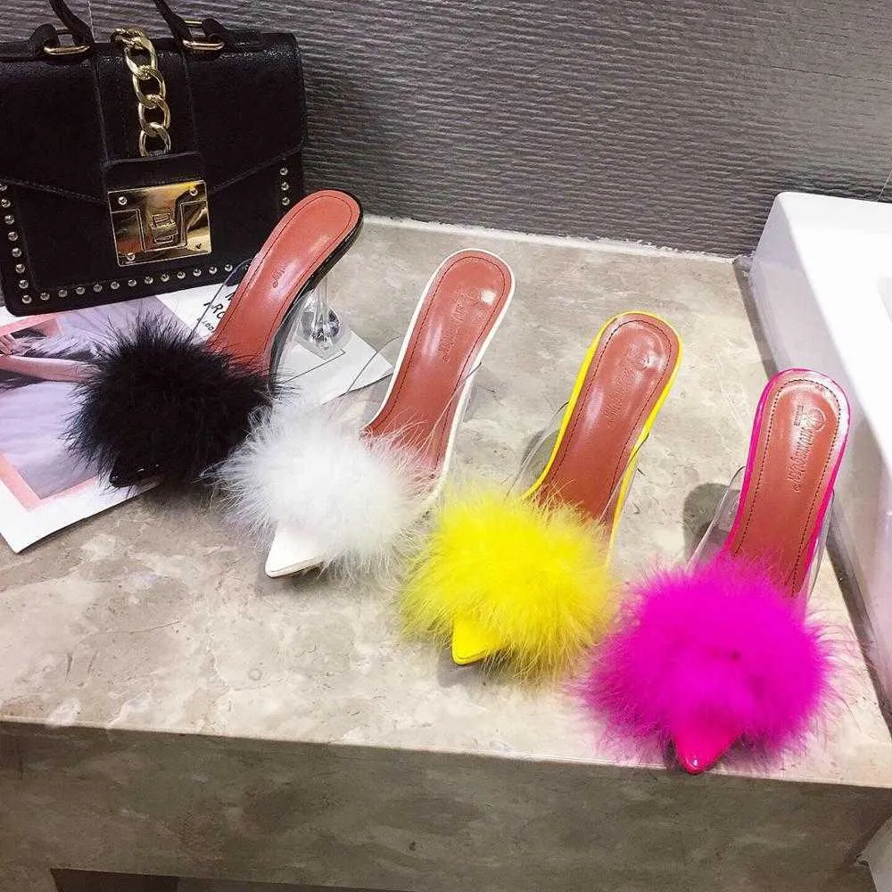 New Summer Pumps Women Shoes Sandals PVC Transparent Feather Crystal High Heels Fur Pointed Toe Mules Slides Furry Slippers X0526