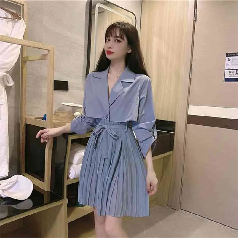 Spring Autumn Women's Dress Korean Pure Color Suit Collar Long Sleeve Waist Short Female Fake Two Piece es GX662 210507