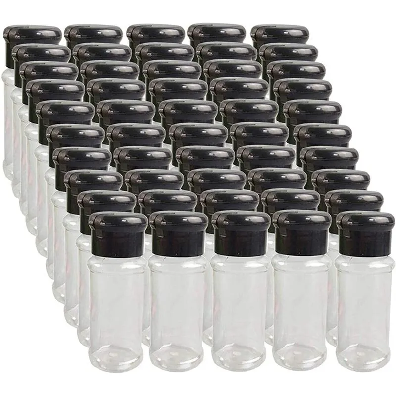 50st tomt plastspiceflaskor för lagring av grillfäste Saltpeppar etc. 100 ml / 3.3oz, svarta förvaringsburkar