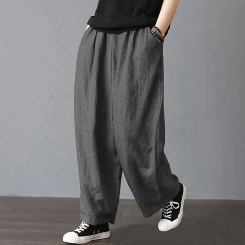 2021 New Harem Pant Hemp Bloomer new S-2XL Loose Women Pantaloni Cotton Linen Pieghettato Tasche oversize Gamba larga Pant Q0801