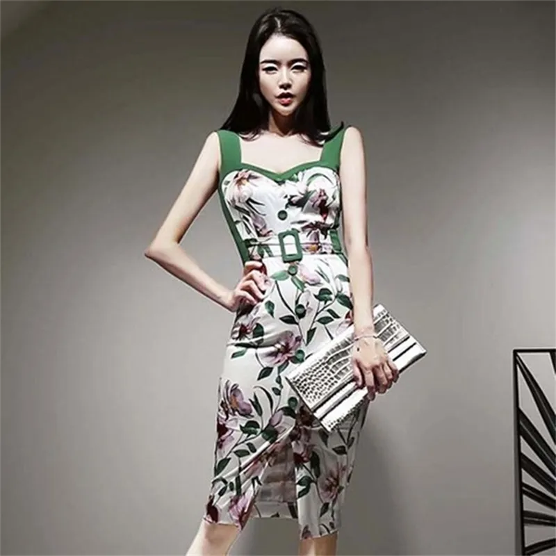 Summer Sexy Women Office Party Green Floral Print Sleeveless Spaghetti Strap Single Breasted With Belt Dresses 210603