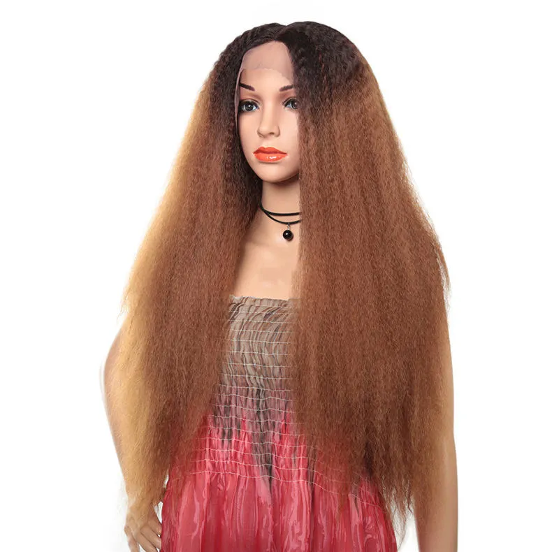 32 inches Kinky Straight Synthetic Lace Front Frontal Wigs Simulation Human Hair T Color perruques de cheveux humains RGF-7277Z