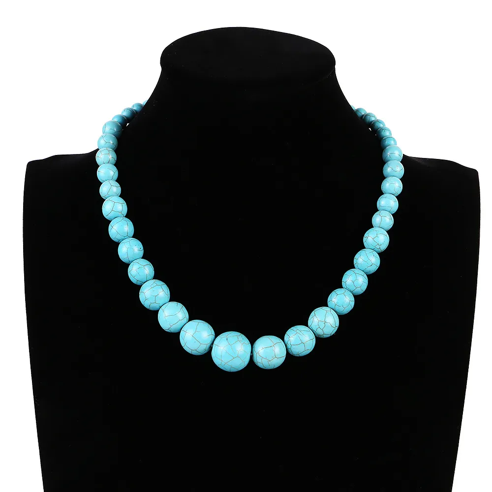 Collier de mode ethnique Turquoise, collier de perles rondes courtes pour femmes