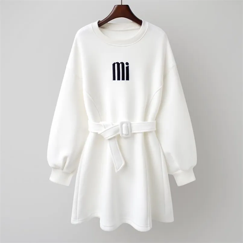 Automne hiver vêtements femmes mode coréenne o-cou sweats à capuche robe avec ceinture polaire longue sweat-shirt pour femme recueillir la taille 211109