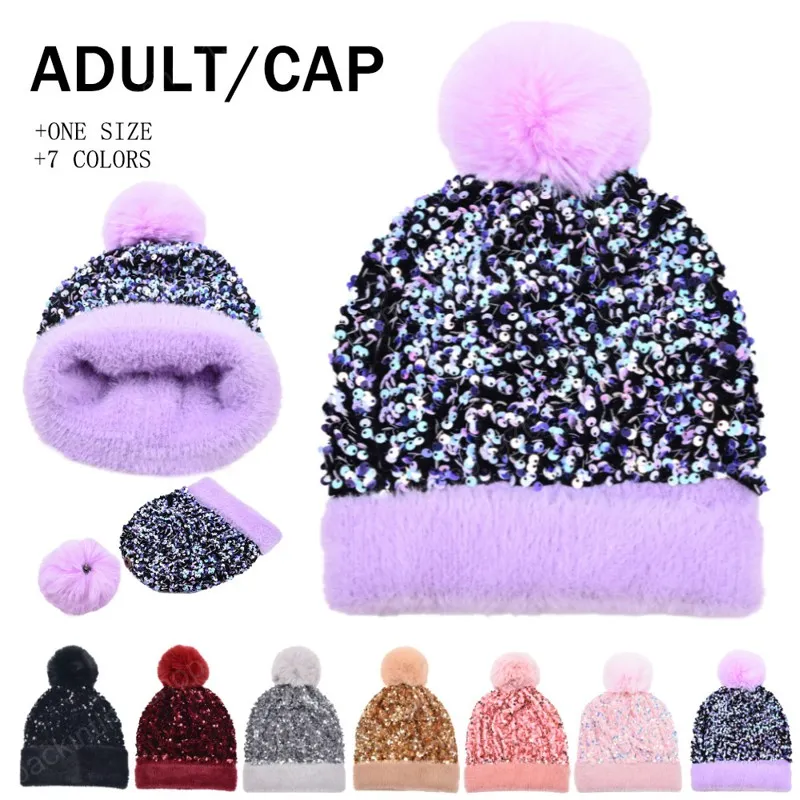 Beanie Ponpom Örme Şapka Kış Sequins Kafatası Kap Sonbahar Yün Şapka Sıcak Katı Renk Çıkarılabilir Saç Topu Başlık Parti Yeni Stil 7 Renkler Için