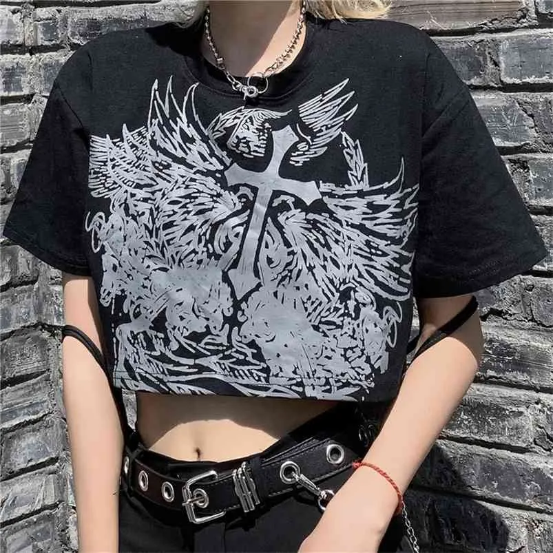 Gothic Style Crop Top Harajuku Grafische T-shirt voor Vrouwen Ulzzang Koreaanse Tshirt Zomer Tee Croptop Goth Kleding Korte Mouw 210623