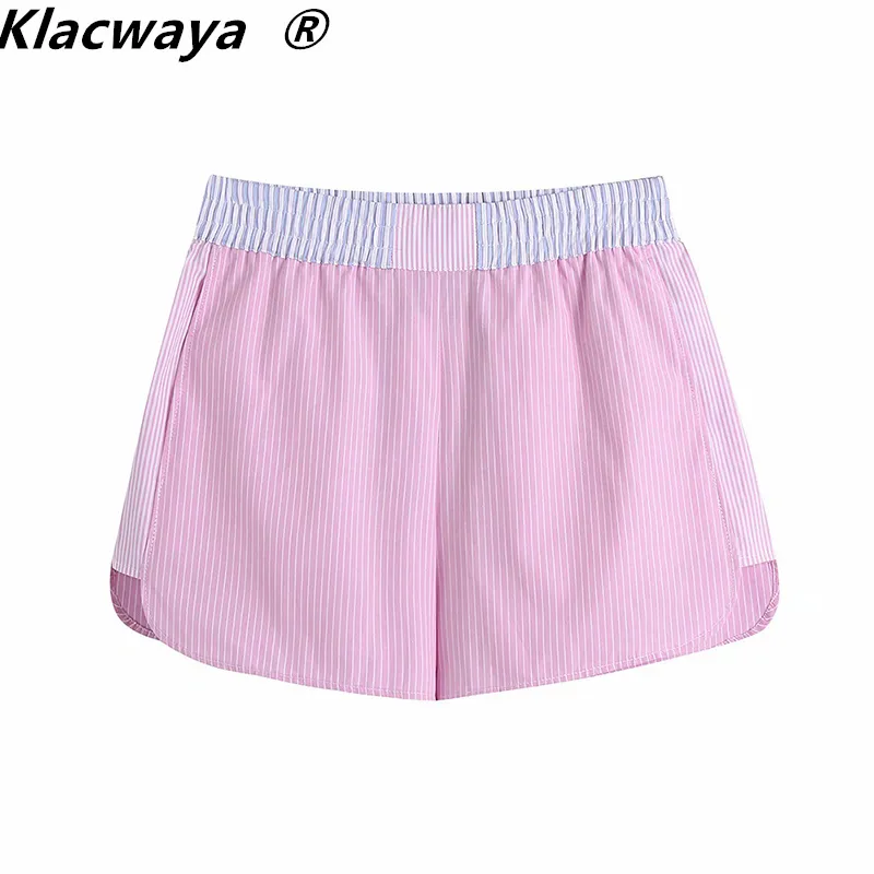 Women Fashion Patchwork Striped Print Casual Summer Shorts Chic Elastic Waist Pink Color Pantalones Cortos 210521