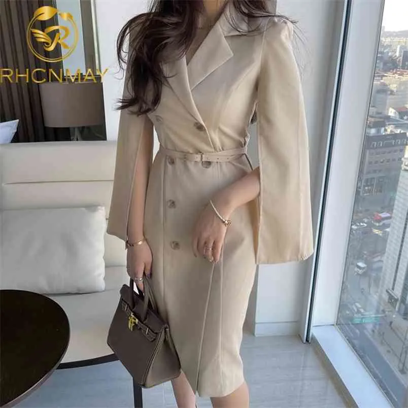 Women Dress Summer Korean Chic Elegant Temperament Lapel Double-Breasted Suit-Style Slit Clock Sleeves Vestidos With Belt 210506