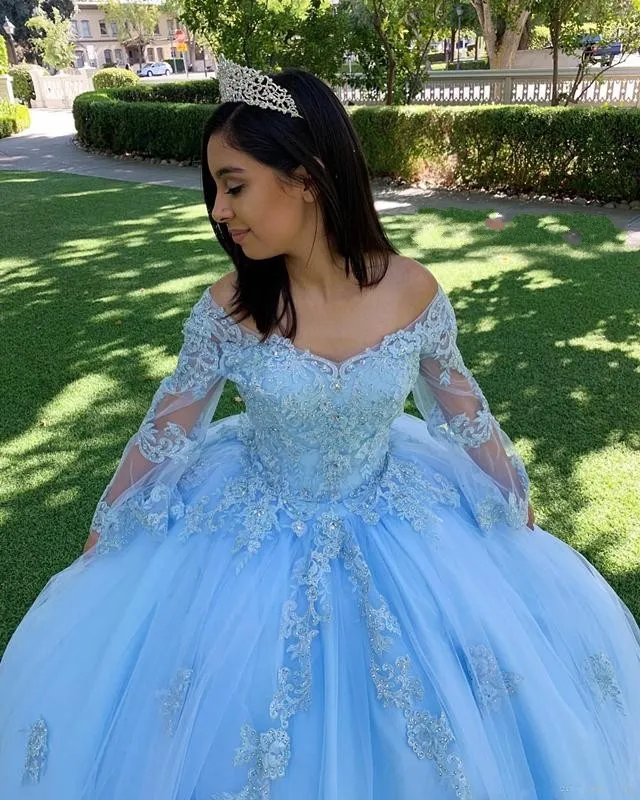 Blue long sales sleeve quinceanera dresses
