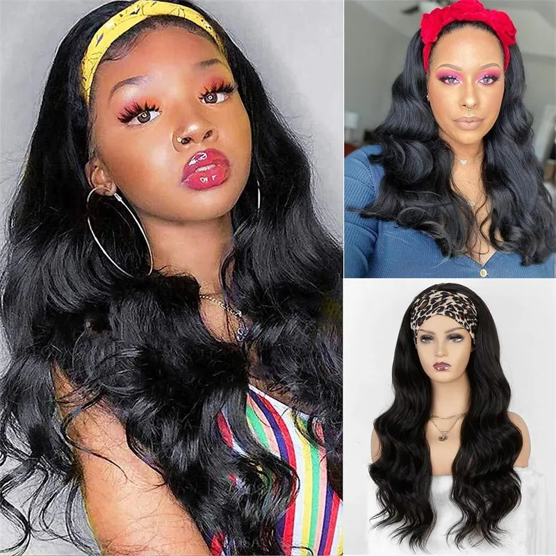 HD2914 18-24 polegadas Kinky Curly Headband Headband Wigs Remy Lenço brasileiro Humano para mulheres negras sem cola costurar em 1