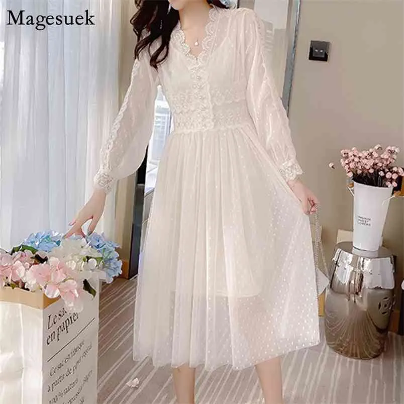 Vestido High Waist Elegant Dress For Women V-neck Lace Mesh White Vintage Long Sleeve Party dresses 10124 210512