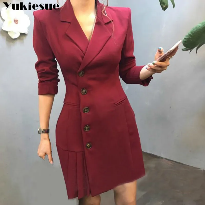 Vrouwen casual suits elegante jurk pak kantoor dame werk blazer jas lange uitloper herfst outfit vrouwelijke plus size 210519