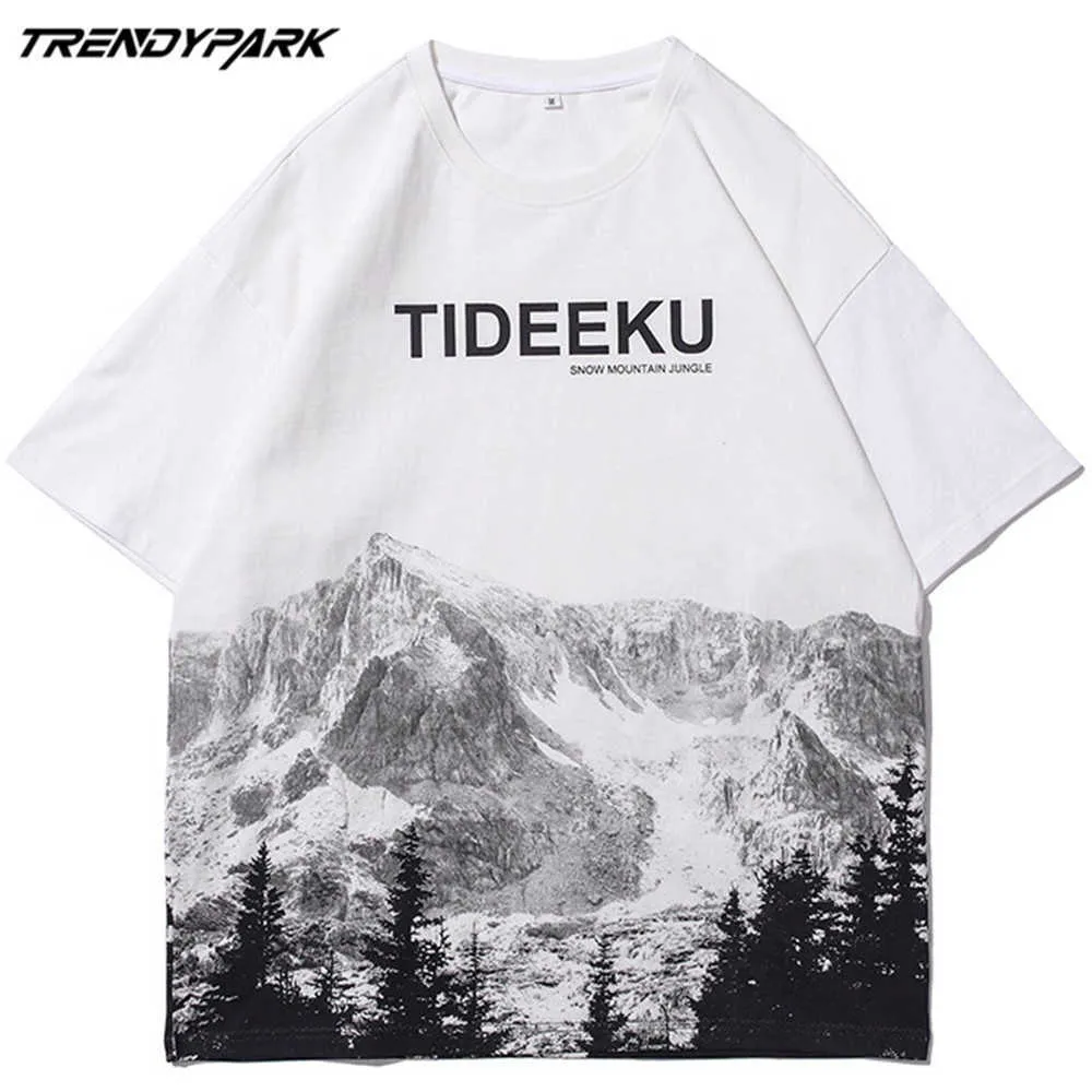 Heren T-shirt Zomer Korte Mouw Sneeuw Berg Gedrukt Hiphop Oversized Katoen Casual Harajuku Streetwear Top Tshirts 210601