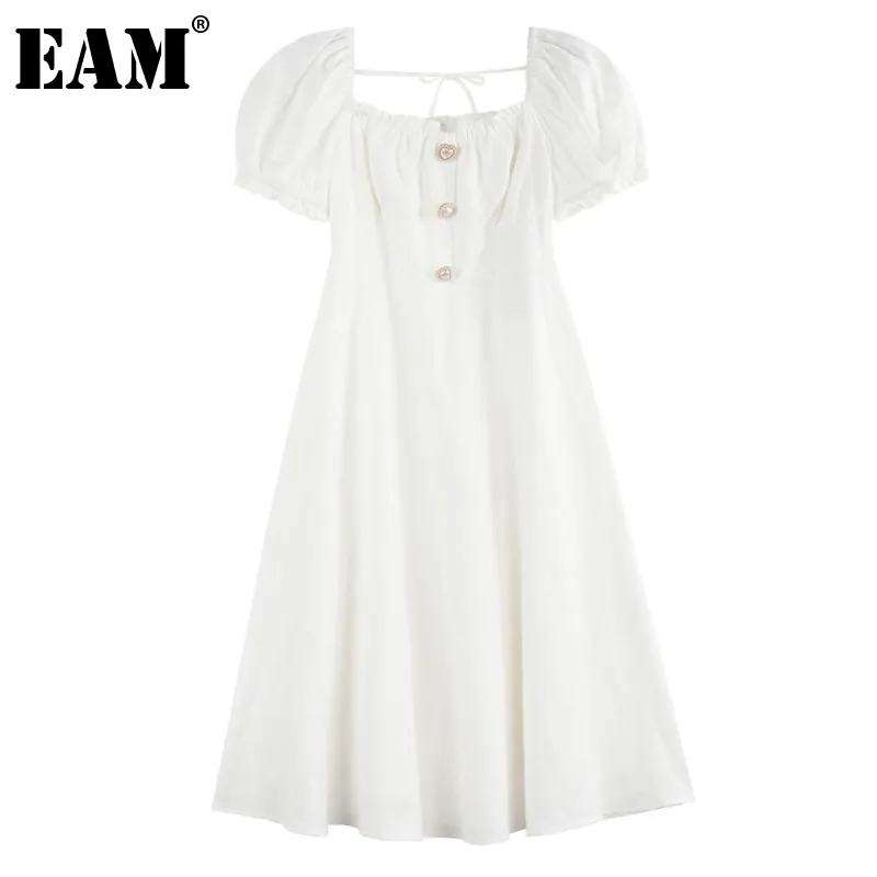 [EAM] Kobiety Białe Ruffles Elegancka Sukienka Kwadratowa Neck Krótki Rękaw Puff Luźny Fit Moda Wiosna Lato 1DD7854 210512