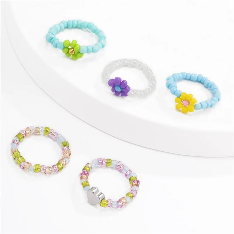 Vacation Flowers Heart Beaded Rings European Women Party Gift Woven Finger Ring Souvenir Daily Hand Wear Jewelry Sets Accessories