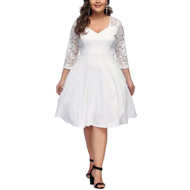 Платья плюс размер платья белое кружевное платье для вечеринки женщины 2021 весенняя осень женские v шеи полые рукава повседневная одежда