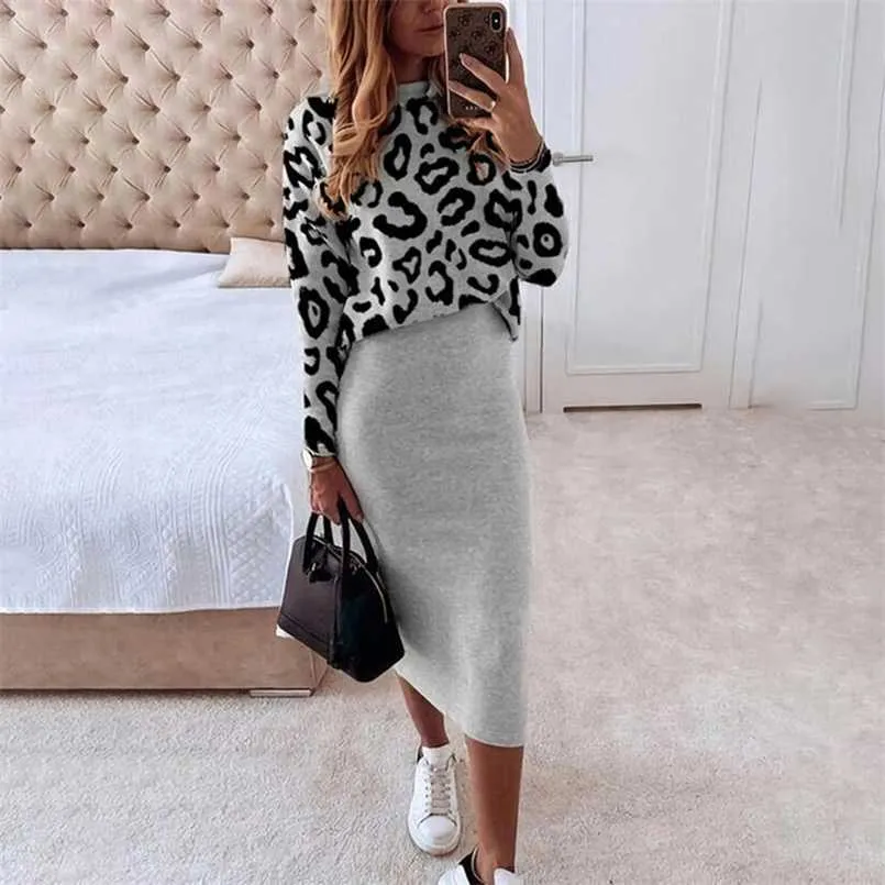 Mode leopard print kvinnor kostym elegant kontor damer topp + penna kjol tvådelad outfit casual höst vinter varm set 211108