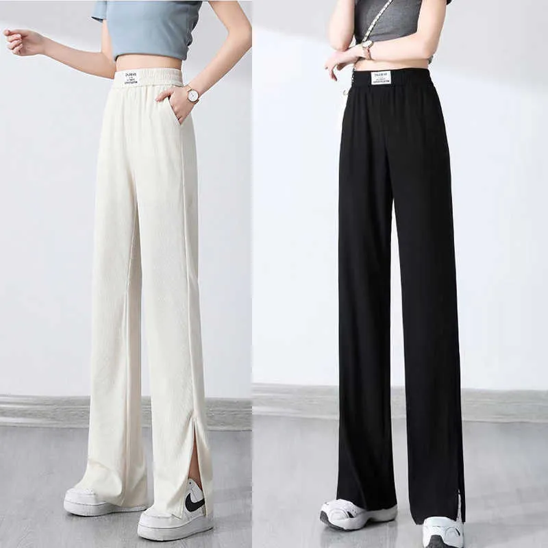 Pantaloni a gamba larga da donna puro nero con lacci stile coreano allentato per il tempo libero a vita alta pantaloni lunghi da donna primaverili quotidiani streetwear autunno Q0801