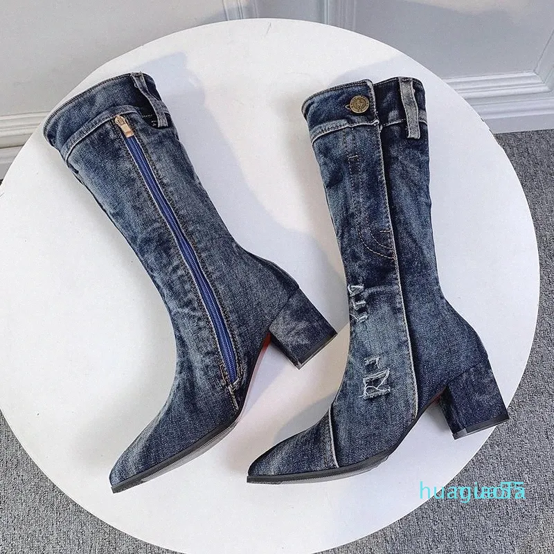 Bottes sexy mi-mollet pour femmes, fermeture éclair, talons hauts, jeans élégants, bottes en denim, chaussures de cowboy