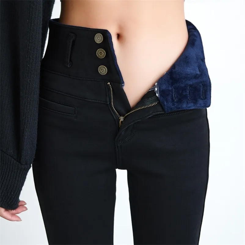 Vrouwen hoge taille fluwelen dikke jeans vrouwelijke winter skinny stretch warme jean broek moeder zwarte denim broek met fleece 210629