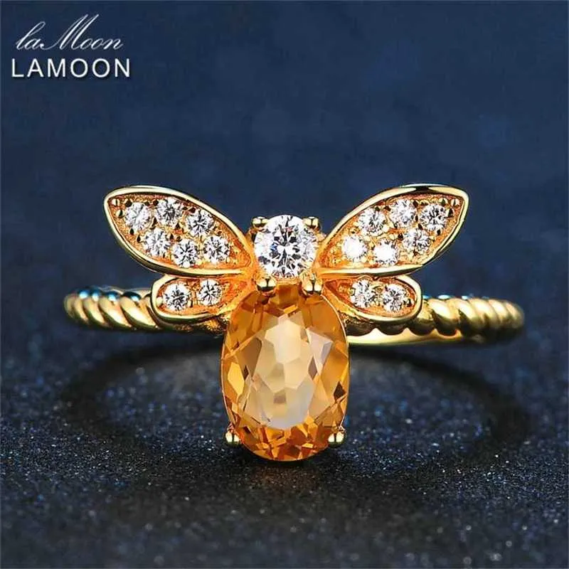 Lamoon Cute Bee 925 Sterling Silver Ring 1CT Naturlig Citrin Gemstones Smycken 14K Guldpläterade Ringar för Kvinnor Smycken LMRI019 211217