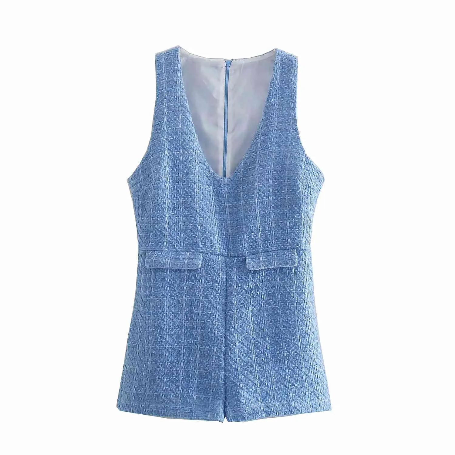 Kadınlar Chic V Yaka Tweed Playsuits Geri Fermuar Kolsuz Tulum Rahat Zarif Mavi Kısa Tulumlar Gençlik Streetwear 210521