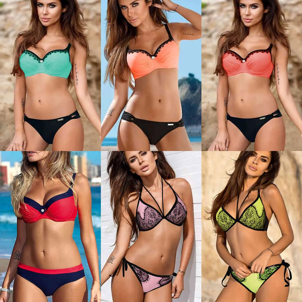 2020 Sexy noir Bikini ensemble femmes pansement Push Up maillot de bain grande taille solide maillots de bain femme brésilien Biquini plage maillot de bain X0523