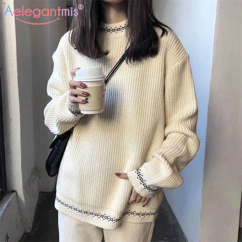 Aelegantmis Korean Ribbed Floral Loose Pullover Women Thick Warm Long Sleeves Sweater Female Oversize High Quality Jersey Mujer 210607