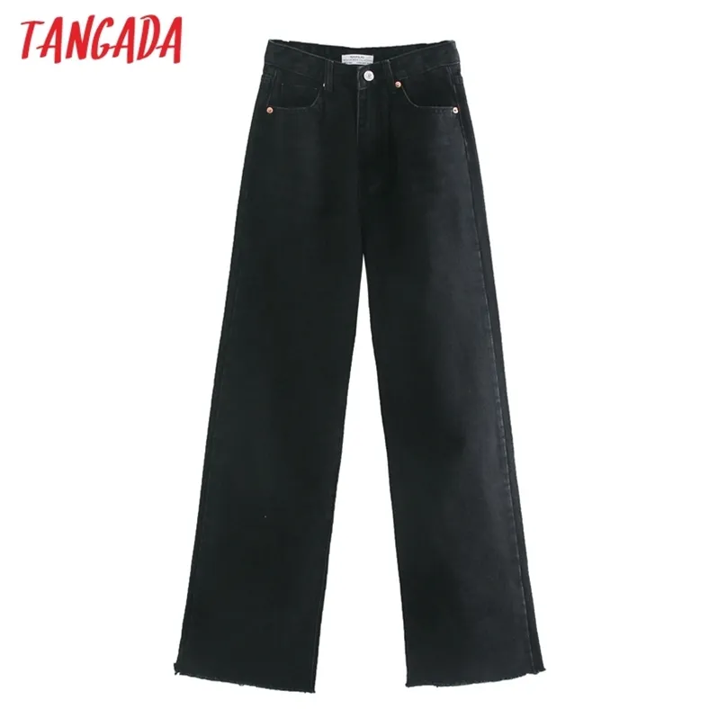 Tangada Mode Femmes Taille haute Noir Long Jeans Pantalon Pantalon Poches Boutons Femme Denim 4M63 210922
