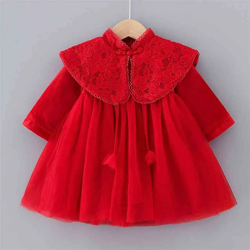 Bebek Kız Tang Takım Elbise Çin Tarzı Kış Dantel Şal A-Line Kız Elbise Sıcak Kırmızı Yıl Parti Peri Prenses 210625