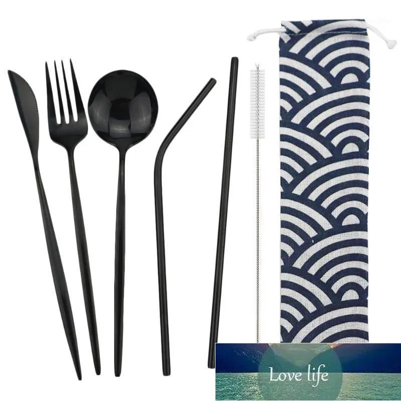 Black Portable Cutlery 18/10 Stainless Steel Flatware Set Knife Spoon Fork Straw With Cloth Pack Dinner Set For Travel Picnic1 Factory price expert design Quality