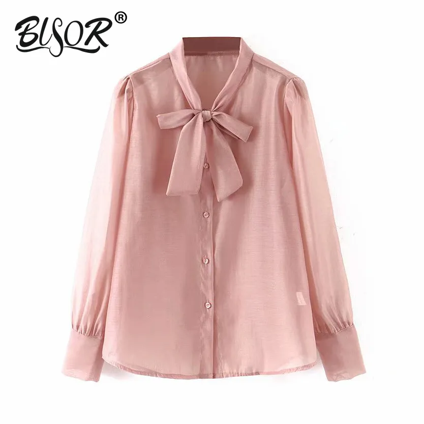 Kvinnorskjorta Rosa Bow Tie Neck Blus Koreansk stil Långärmad Höst Lady Fashion Topps Blusas 210430